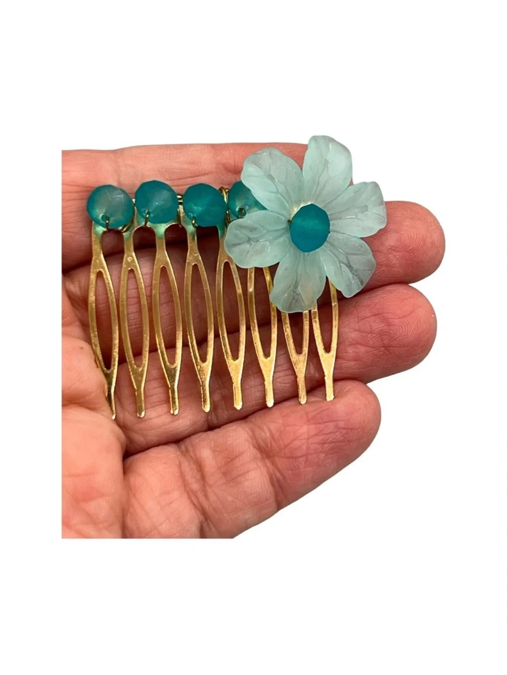 Gold-Tone Hair Comb with Aqua Flower Accent FINAL PRICE DROP